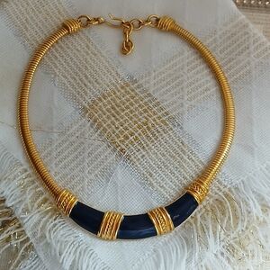 Vintage Monet Gold Tone Snake Blue Enamel Choker, Serpentine Necklace